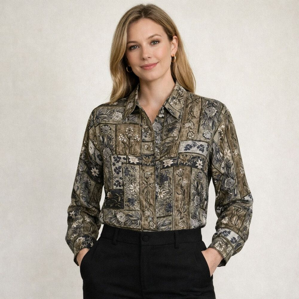VTG Dress Barn 100% Silk Blouse Womens L Dark Green Floral Button Up Careerwear